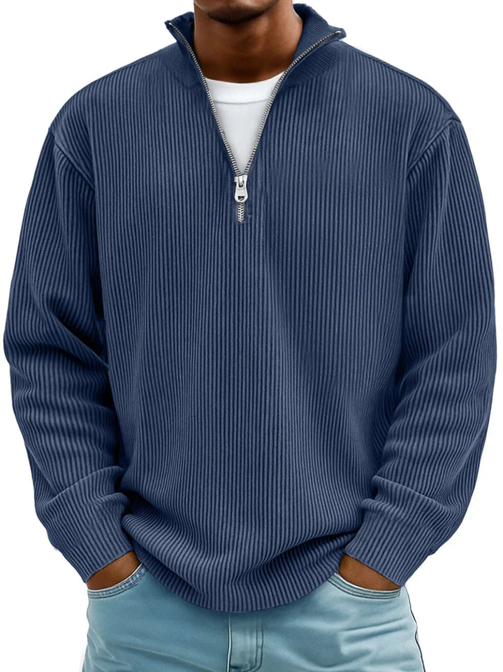 Effortlessly stylish men's half-zip ribbed knit sweater. A warm & comfortable choice for cool weather.