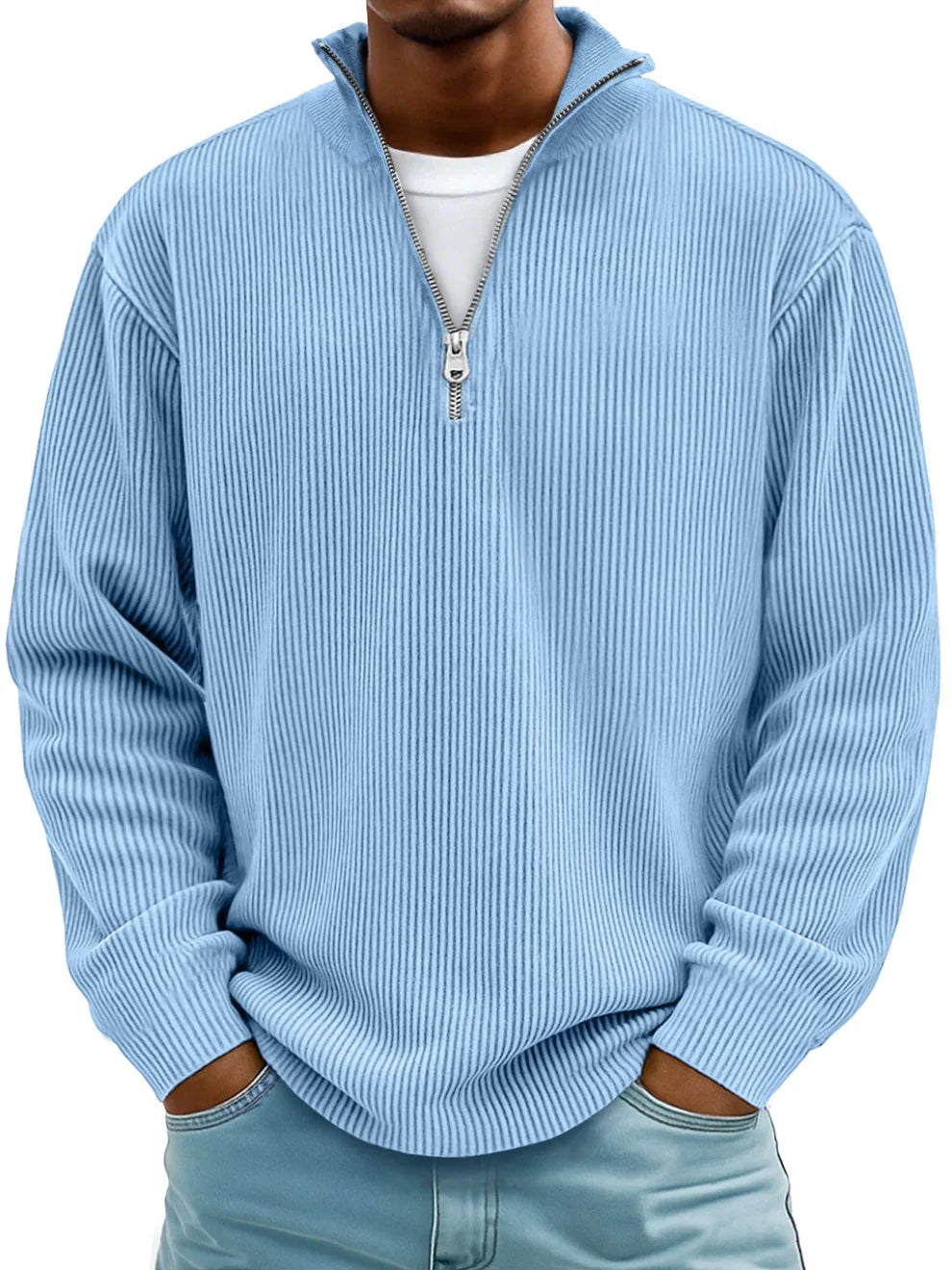 Men's cozy half-zip ribbed sweater for effortless style. Perfect for fall & winter casual wear.