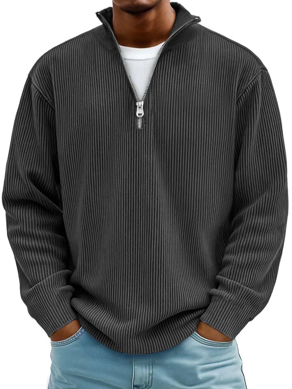 Cozy men's ribbed half-zip pullover sweater. Essential for comfortable everyday wear in cooler seasons.