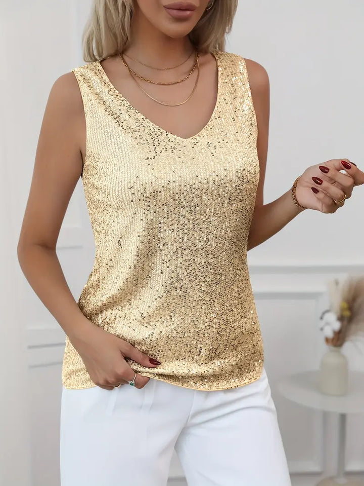 Dazzling women's V-neck glitter top, glamorous and sparkling, ideal for special occasions.