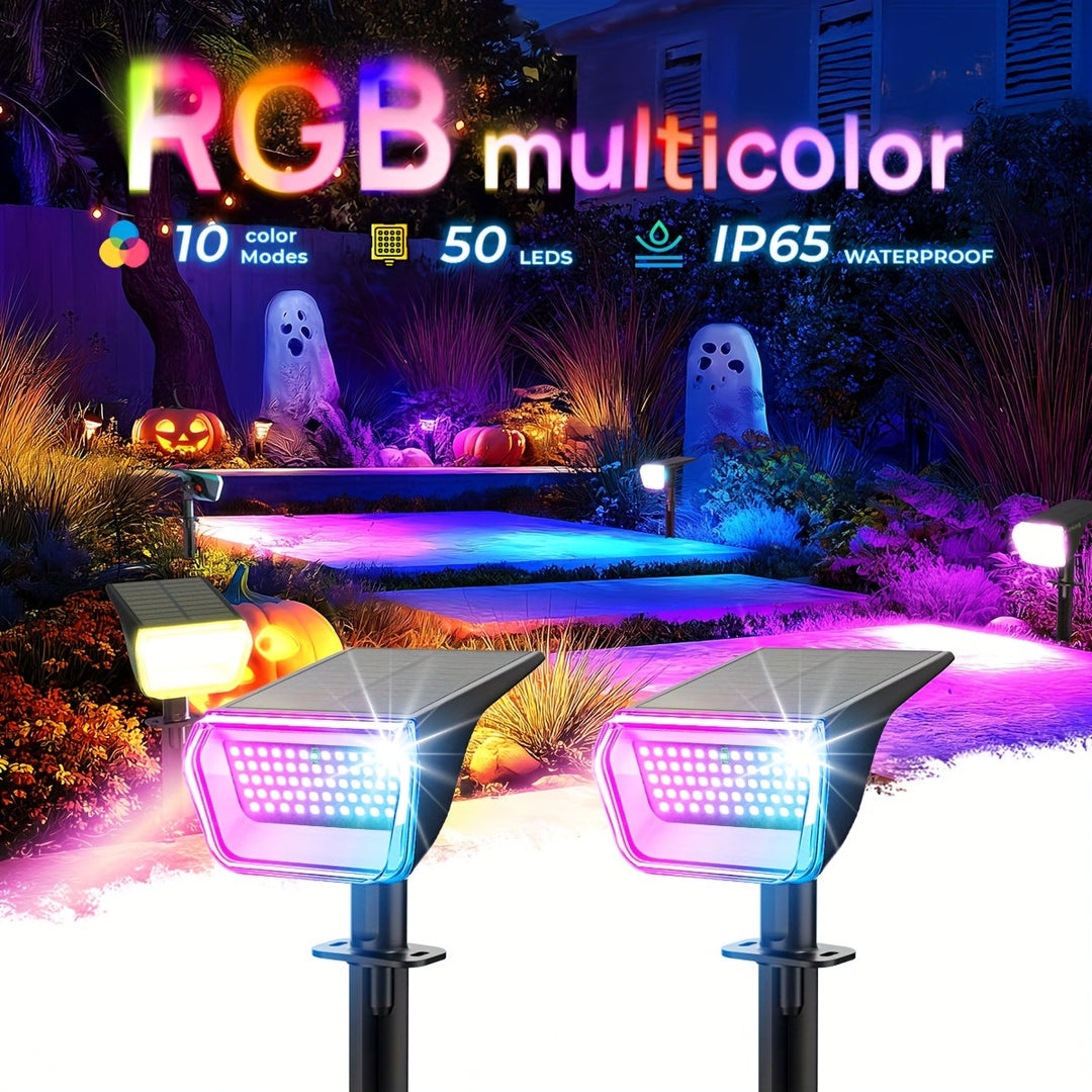 Bright solar LED spotlights illuminating a patio area, perfect waterproof yard and garden lighting.