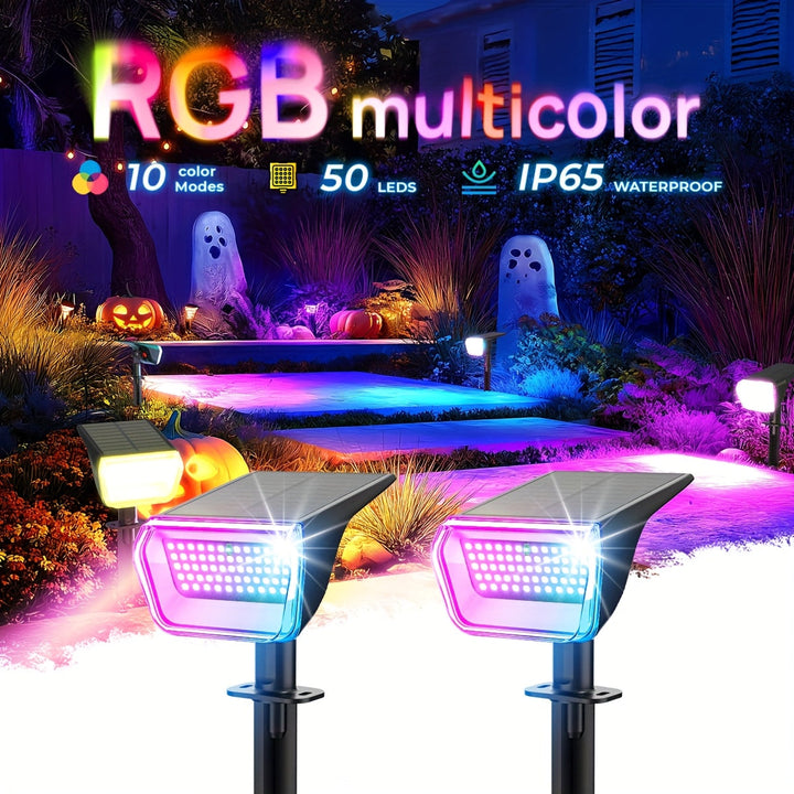 Bright solar LED spotlights illuminating a patio area, perfect waterproof yard and garden lighting.