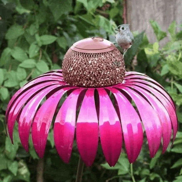 Close-up of a durable metal coneflower bird feeder, ideal garden decor for wild bird feeding.
