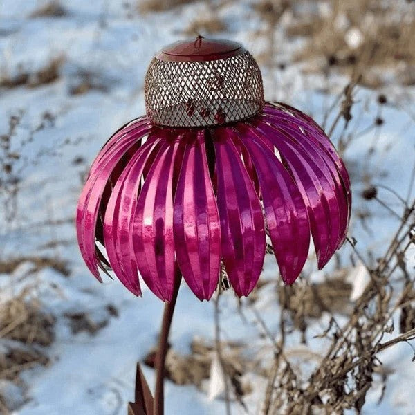 Purple petal coneflower bird feeder crafted from decorative metal, enhancing garden and attracting birds.