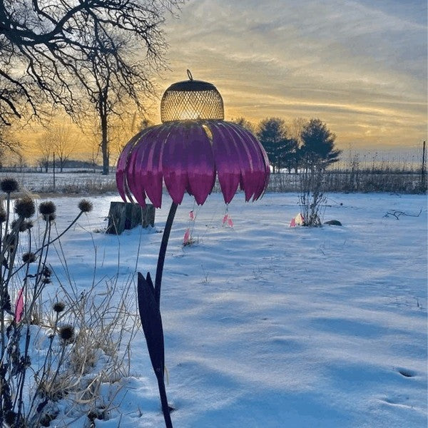 Bird feeder shaped like a coneflower, made of metal, providing a durable feeding station for wild birds.