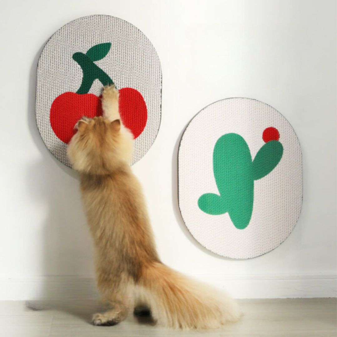 Decorative wall-mounted cat scratching board with sisal, blending modern pet design & furniture protection.