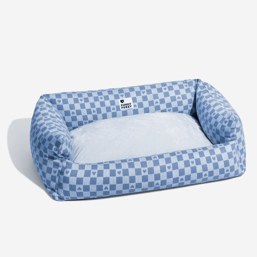 Washable deep sleeping dog bed, pet sofa with reversible mat in a plaid pattern