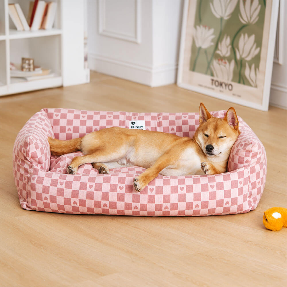 Pet comfort deep sleeping dog sofa bed, featuring a reversible plaid mat design