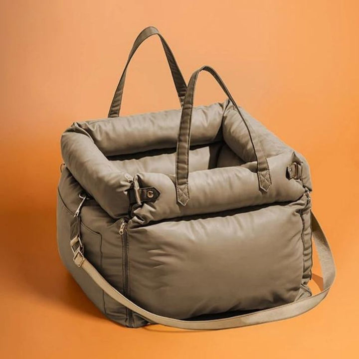 Comfortable pet travel seat, faux leather, waterproof, secures small to medium dogs in car