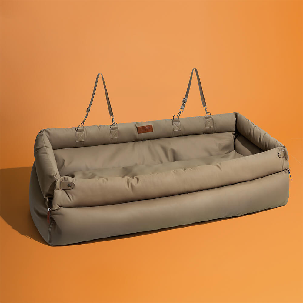 Pet travel luxury: faux leather dog car bed, console booster, for ultimate comfort