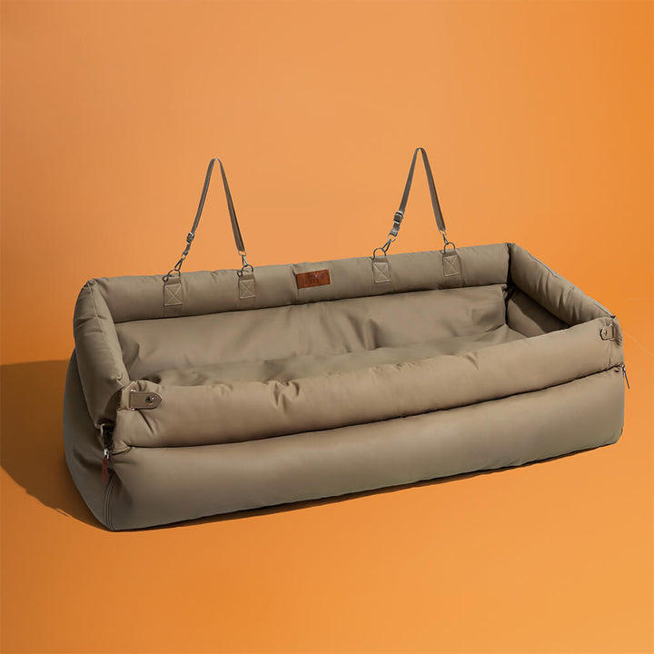 Pet travel luxury: faux leather dog car bed, console booster, for ultimate comfort