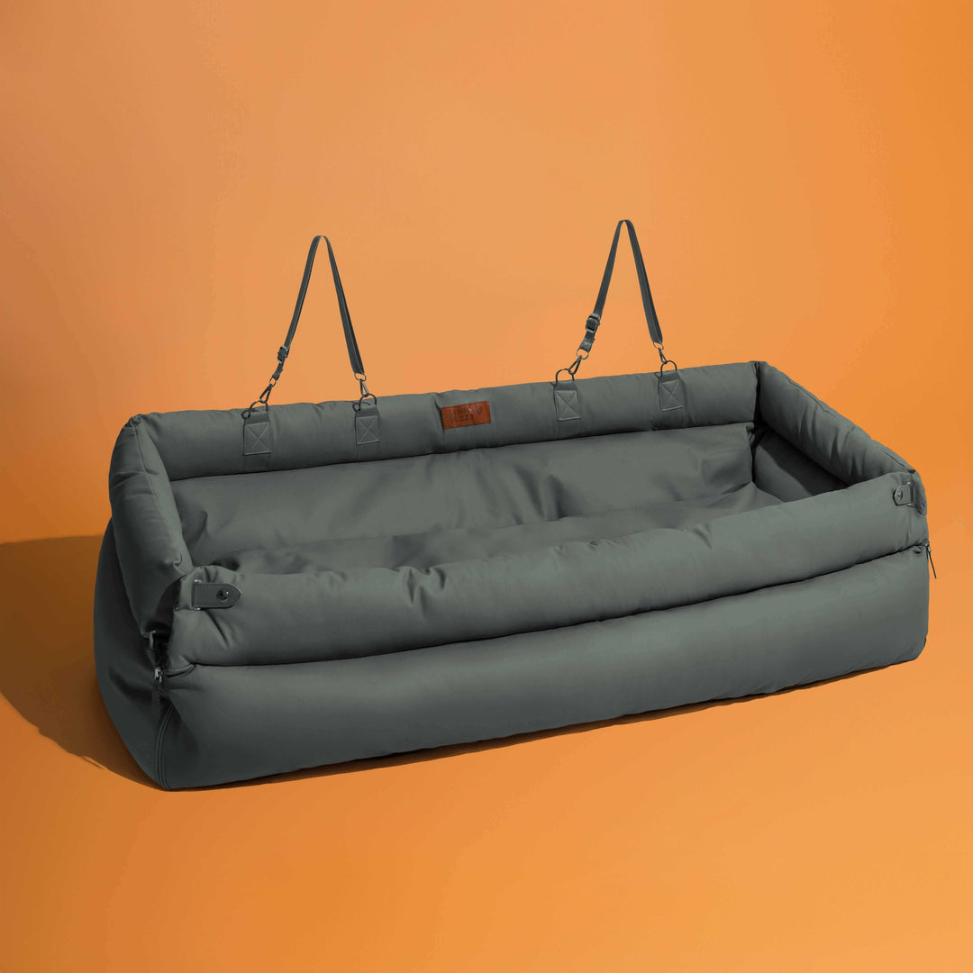 Large dog car seat booster bed, grey faux leather, durable & easy care for pets