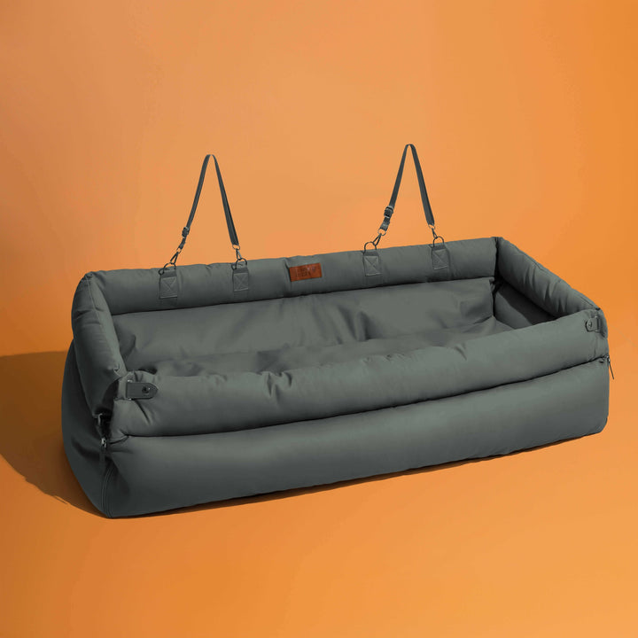 Large dog car seat booster bed, grey faux leather, durable & easy care for pets