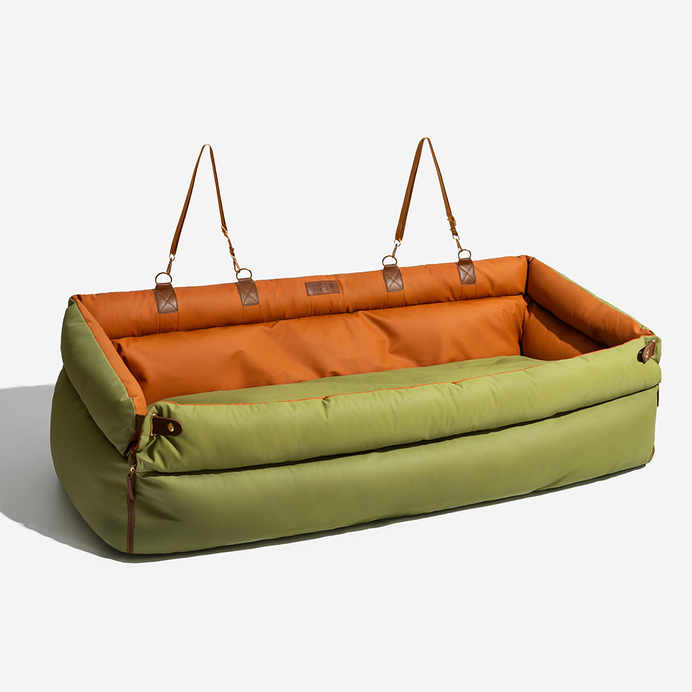 Water-resistant faux leather dog booster bed, brown, fits most car consoles