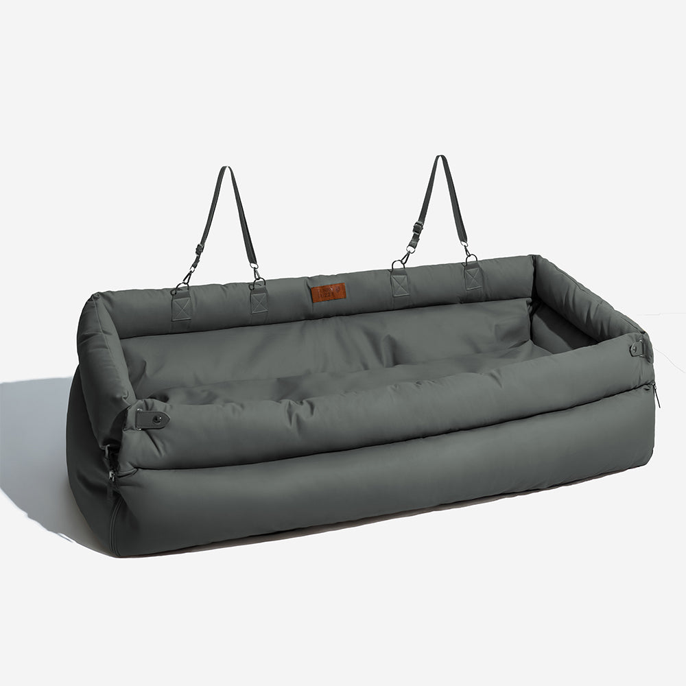 Elevated faux leather dog booster bed, tan, perfect for pet travel & safety