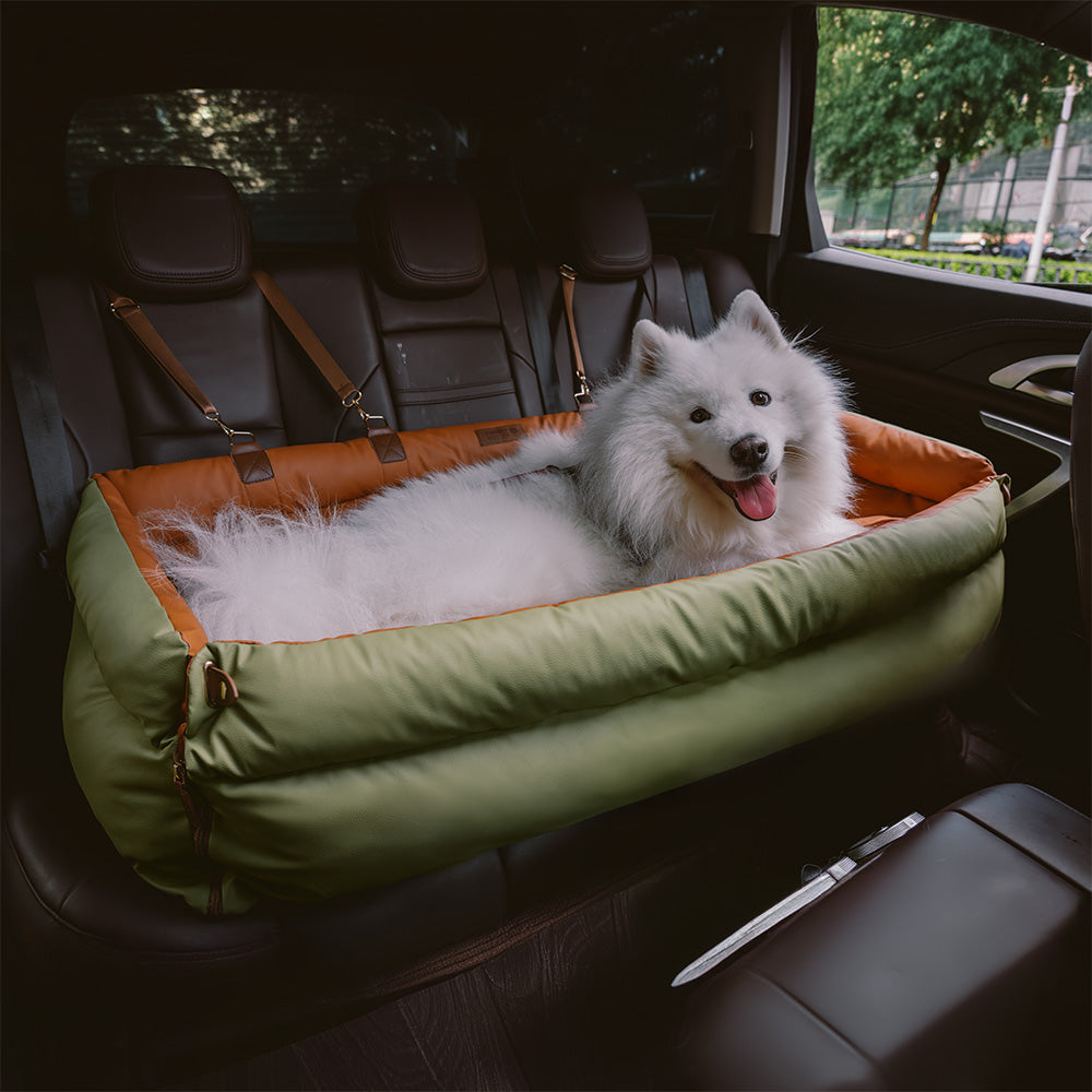 Large dog car booster bed in water-resistant black faux leather for car console