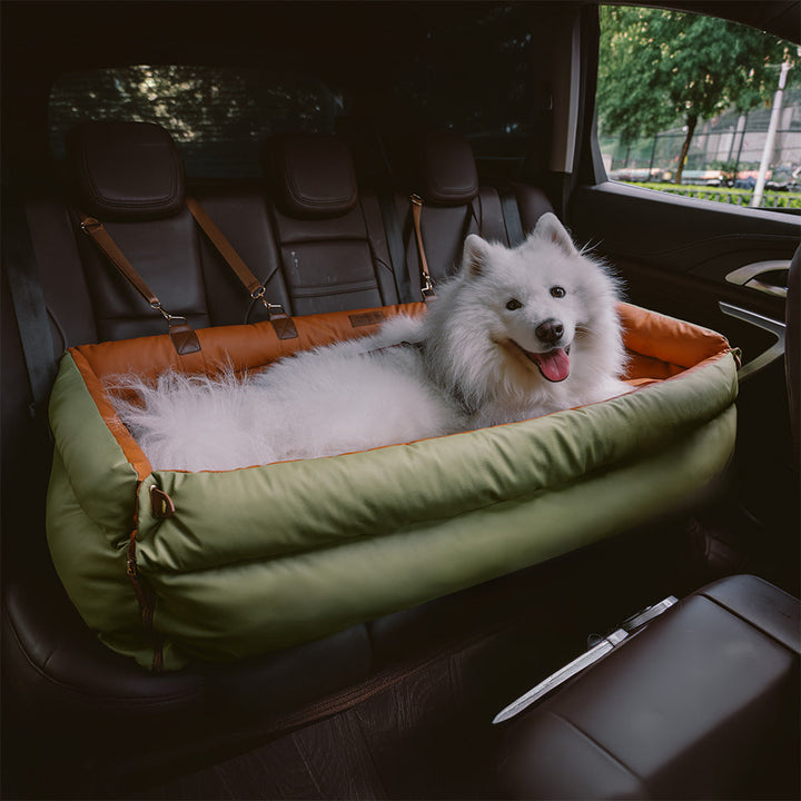 Large dog car booster bed in water-resistant black faux leather for car console