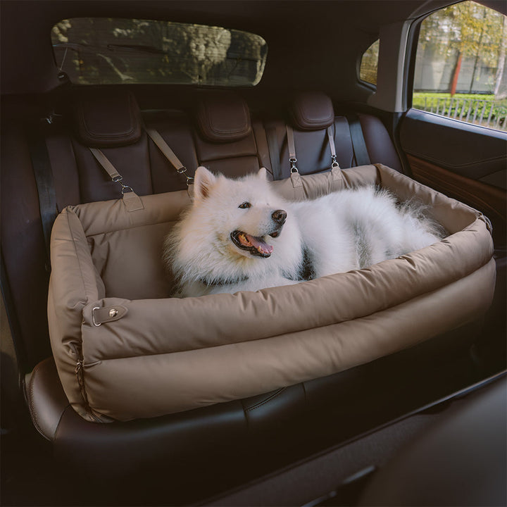 Water-resistant faux leather dog booster bed, grey, ideal for car console travel
