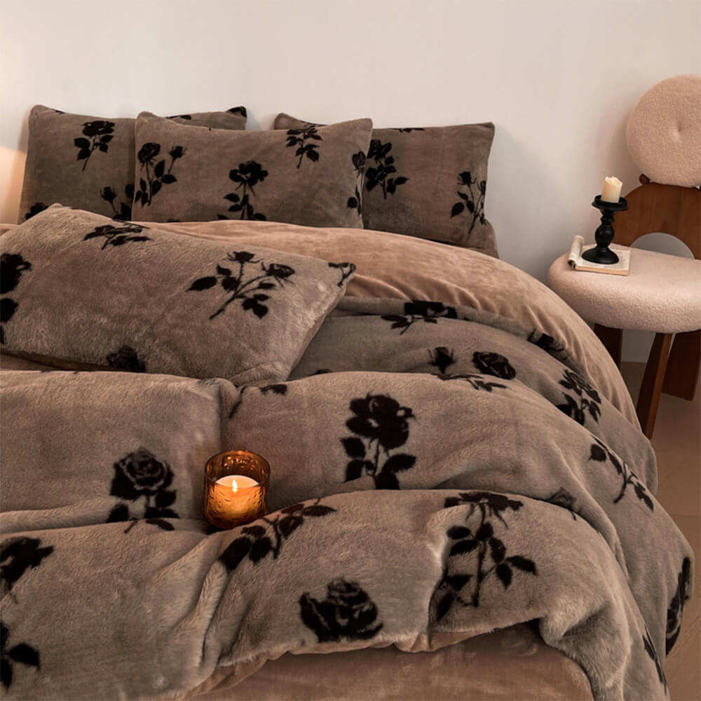 Bedroom interior with a rich floral velvet bed sheet set, enhancing the room's luxurious ambiance