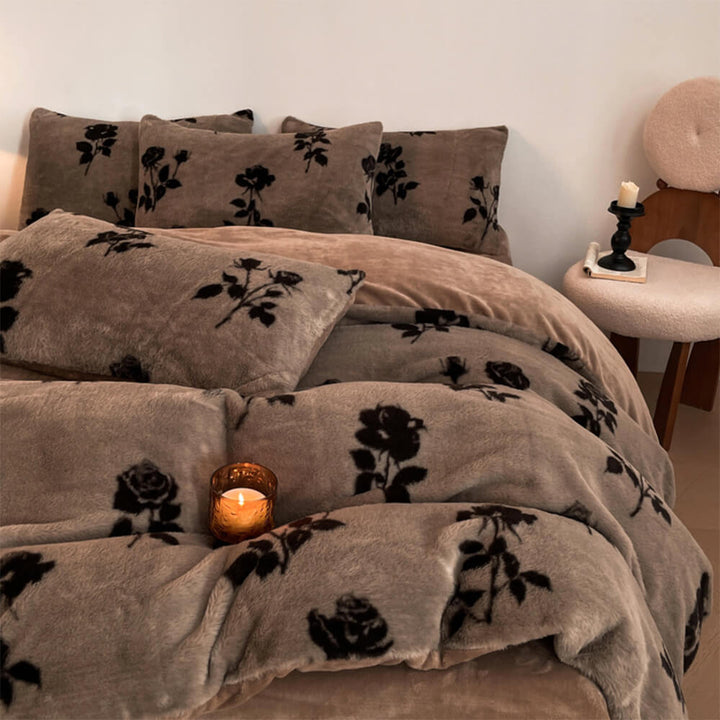 Bedroom interior with a rich floral velvet bed sheet set, enhancing the room's luxurious ambiance