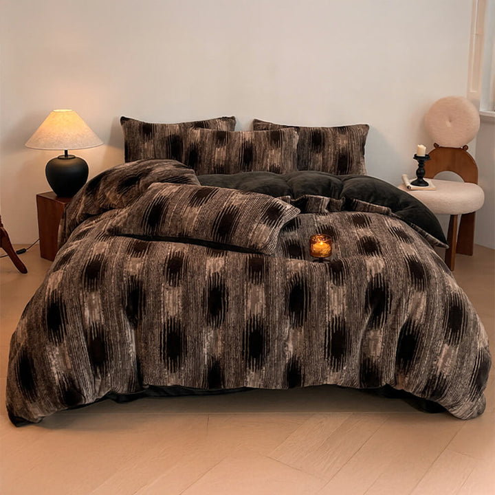 Zoomed-in view of the floral pattern on the deluxe velvet bed sheet, showing fine detail