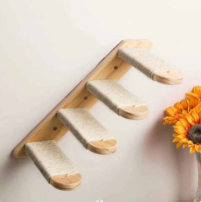 Modern wall-mounted cat steps featuring durable sisal rope scratching posts, ideal for active felines
