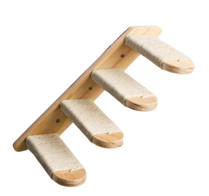 Set of wall-mounted cat steps with integrated sisal rope scratchers, perfect for pet owner gifting