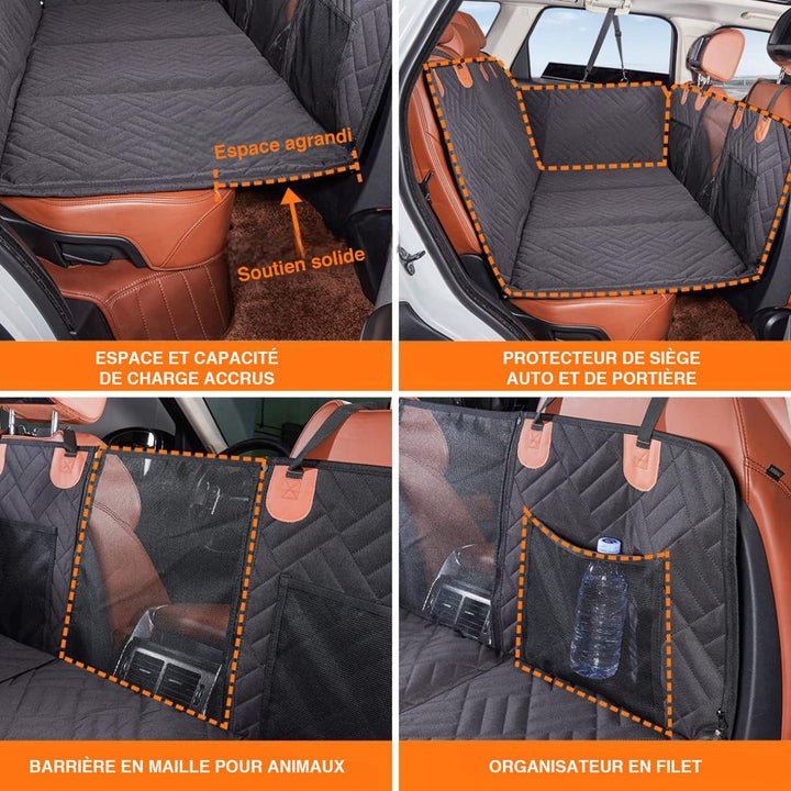 Easy-to-install dog car seat hammock, providing full back seat protection with side flaps & durability.