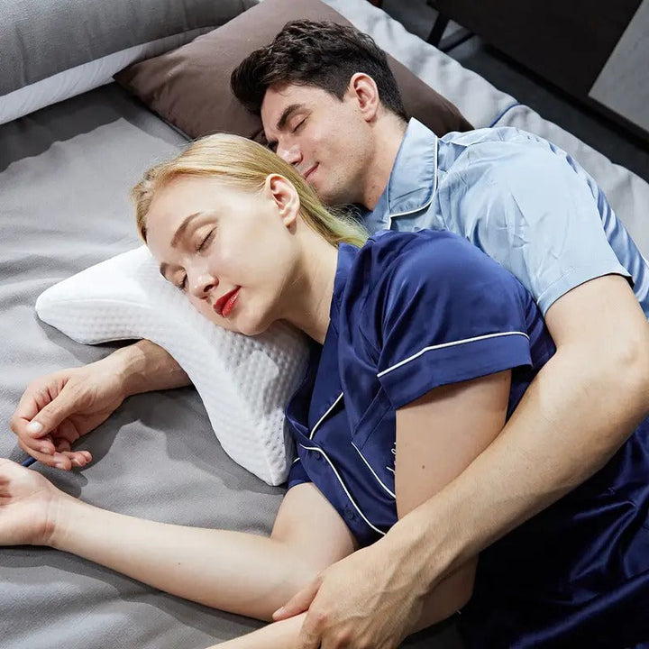 High-density memory foam pillow with an ergonomic curve for maximum neck and back support and comfort.