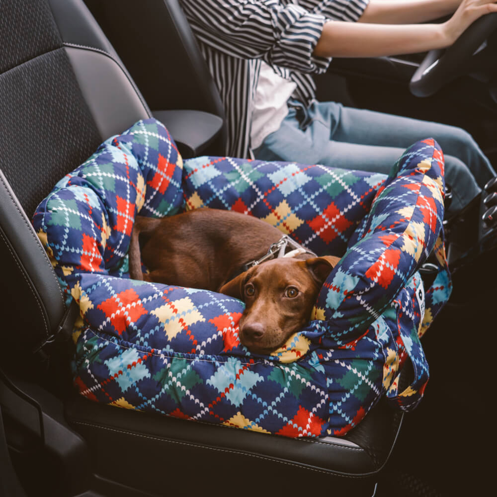 Portable dog car seat booster, denim design with safety bolster and non-slip features.