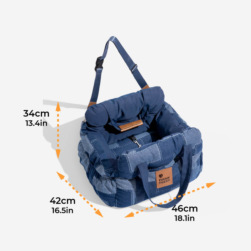 Comfort dog booster seat for cars, denim exterior, non-slip base, and supportive bolster.