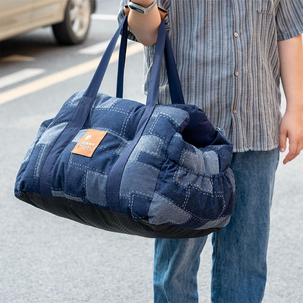 Comfortable dog car seat booster in denim fabric, offering pet safety and an elevated view.