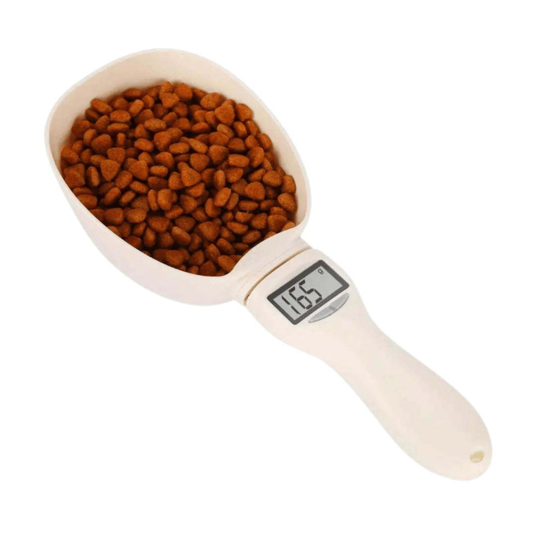 Digital pet food measuring scoop with accurate scale for portion control, ideal for pet feeder and kitchen use