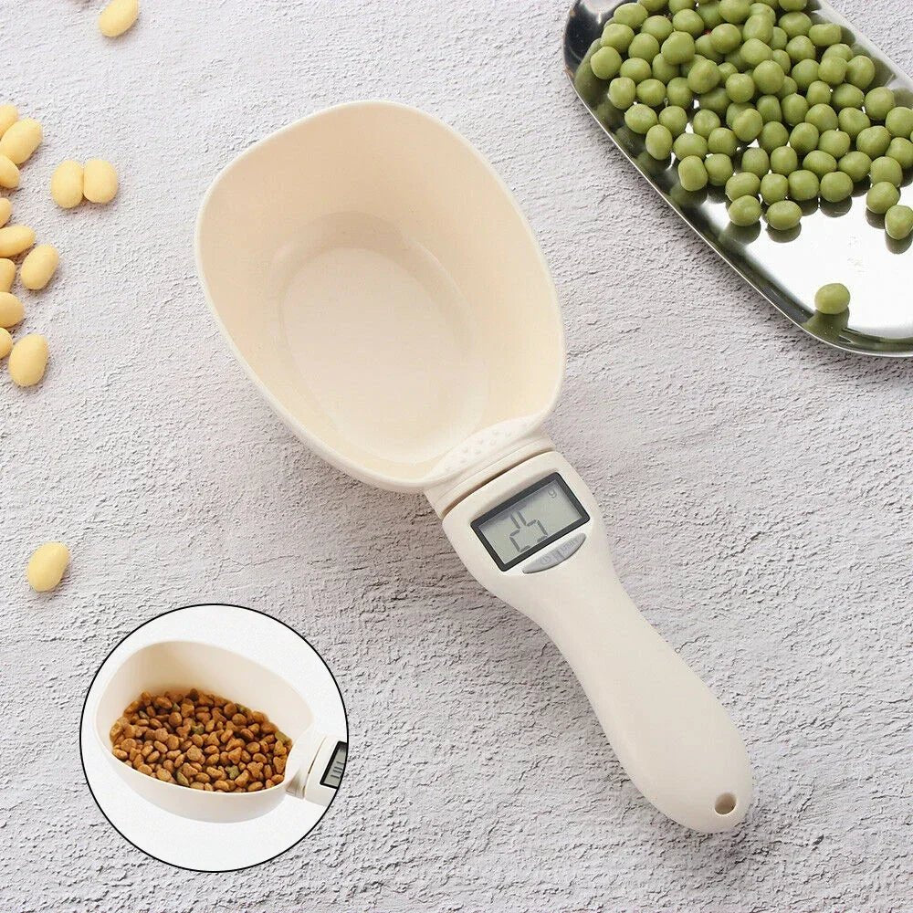 Digital kitchen measuring scoop with scale, a versatile gadget for pet food and general cooking, ensuring portion accuracy