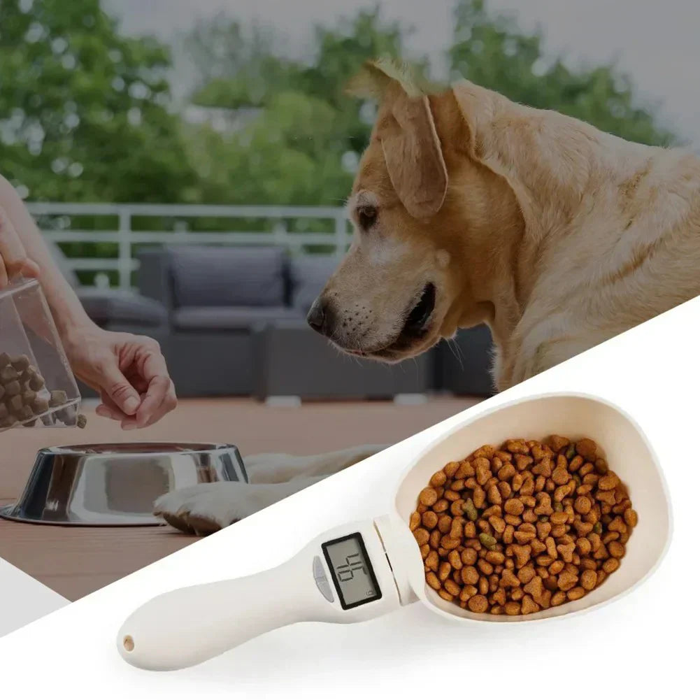 Digital pet food measuring spoon scale for precise dog and cat feeding, promoting pet health.