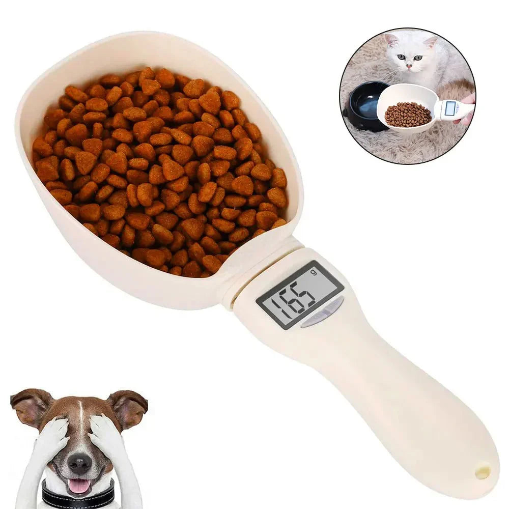 Smart pet food measuring spoon for pet health; accurately weighs dry dog and cat food.