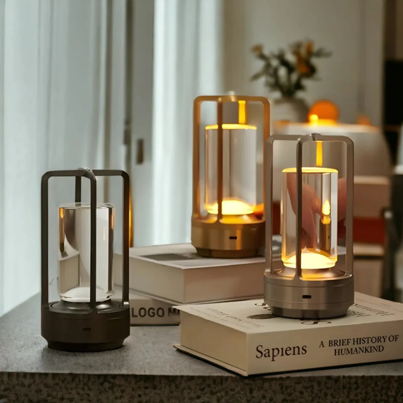 Stylish Scandinavian wireless LED table lamp, dimmable for accent or nightstand lighting, rechargeable.