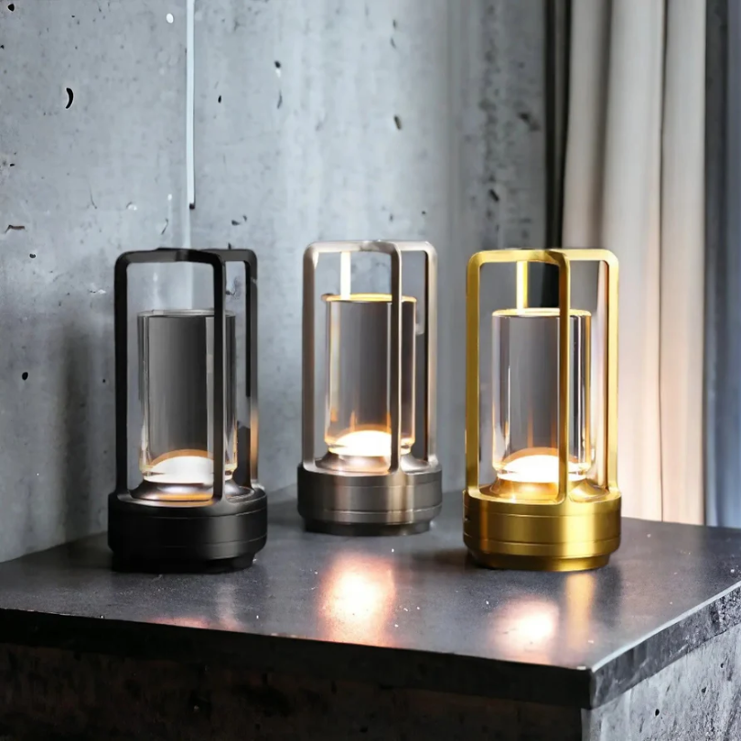 Modern LED table lamp, wireless & rechargeable, offering dimmable ambient light for any room; portable home decor.
