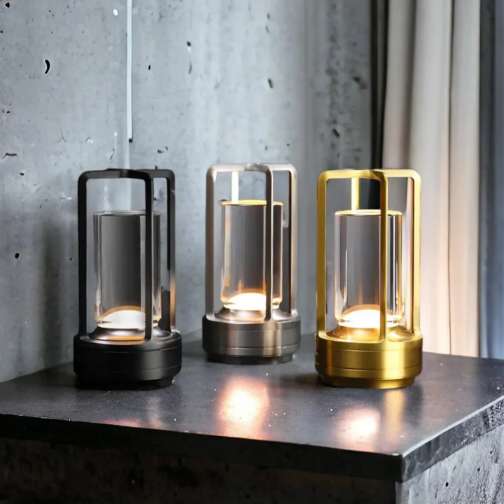 Modern LED table lamp, wireless & rechargeable, offering dimmable ambient light for any room; portable home decor.