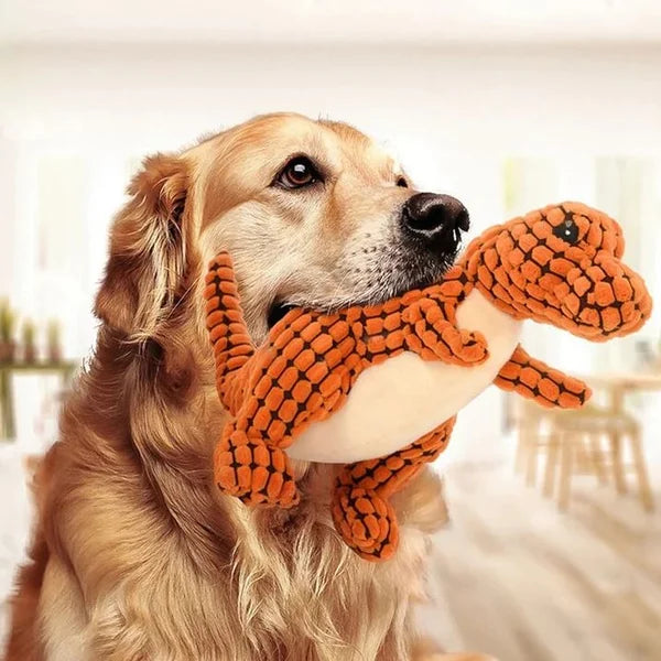 Dinosaur dog toy, green plush chew toy for pets. Durable, eco-friendly. Ideal for comfort and play.