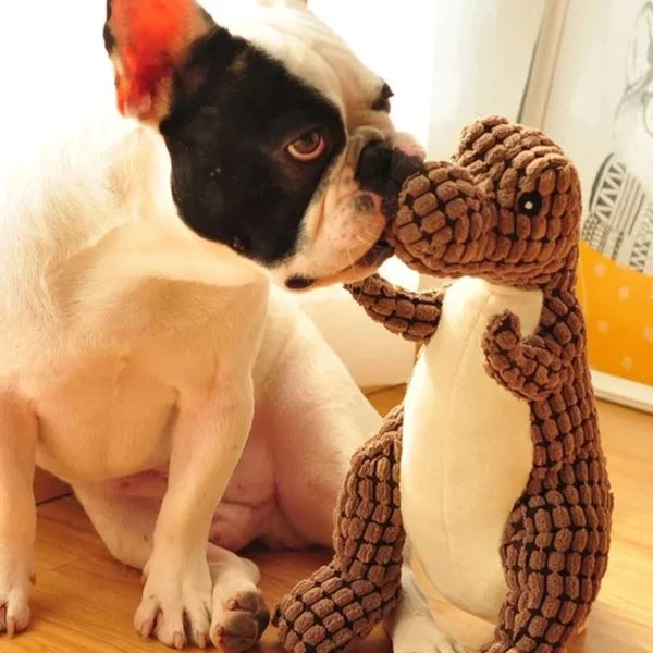 Close-up of a dog's dinosaur plush chew toy in green. Soft, durable and eco-friendly pet supplies.