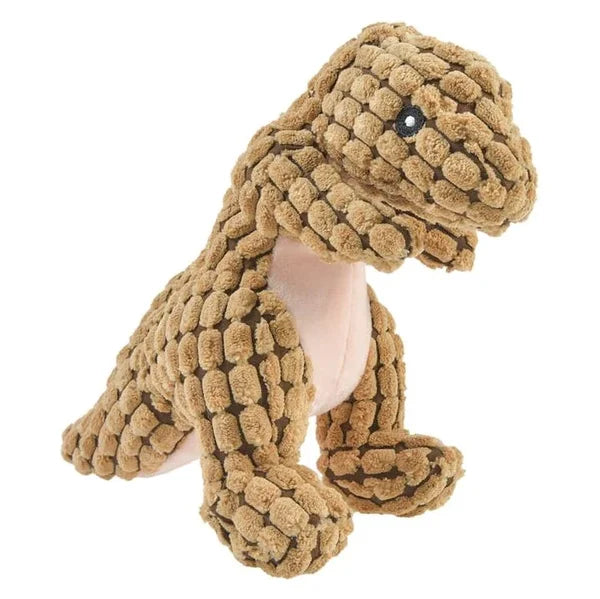 Durable green dinosaur plush chew toy for enthusiastic dogs. Eco-friendly pet supplies for interactive play.