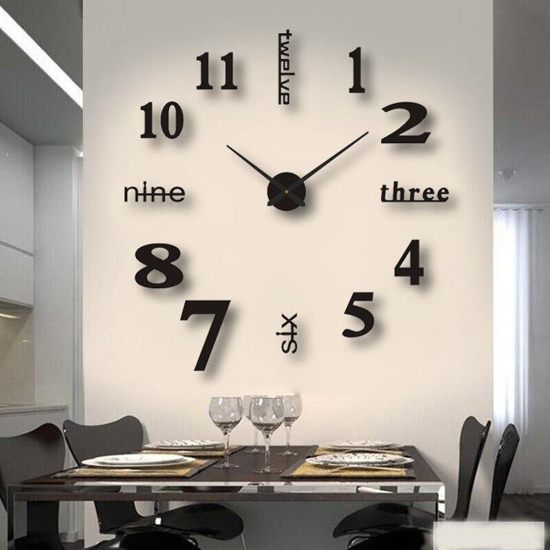 DIY large wall clock with customizable peel and stick adhesive numbers, modern silent mechanism, contemporary home decor wall art.