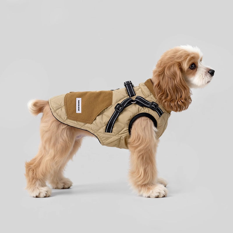 Pet accessories: green dog winter jacket with integrated harness, warm dog clothing