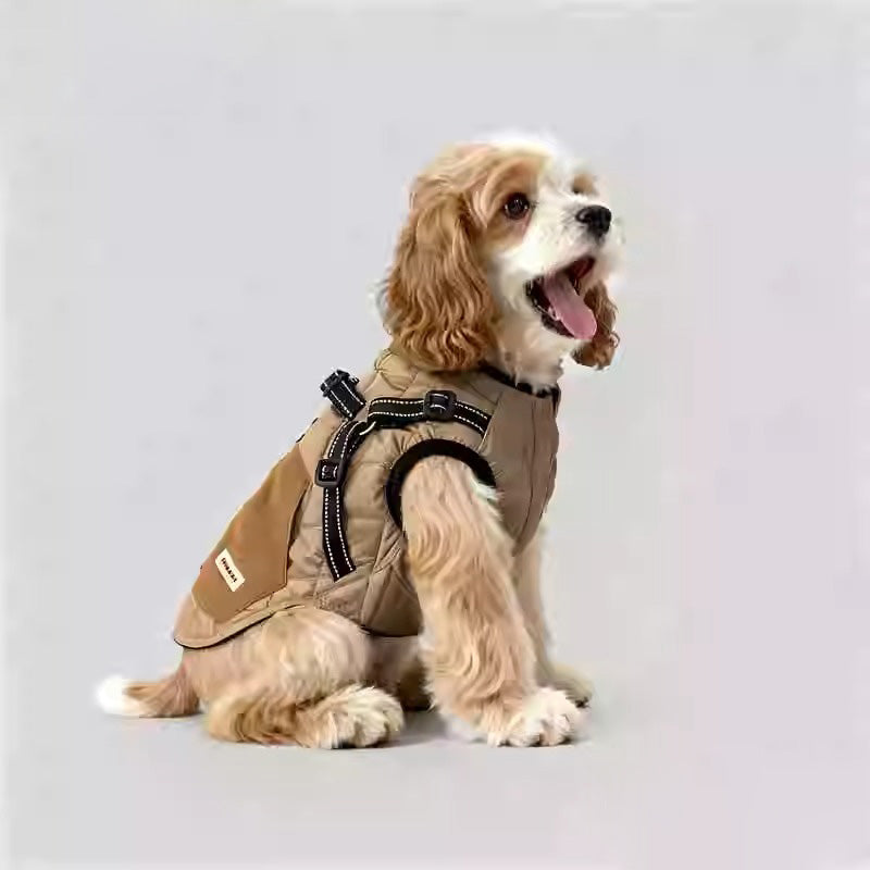 Dog essentials: orange 3-in-1 winter coat with integrated harness for cold weather