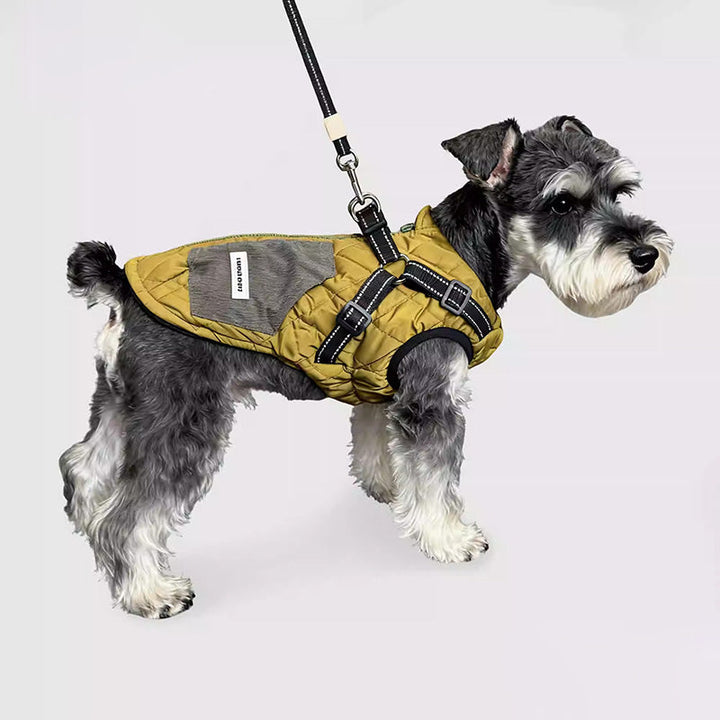 Brown 3-in-1 winter dog coat with integrated harness, warm pet apparel