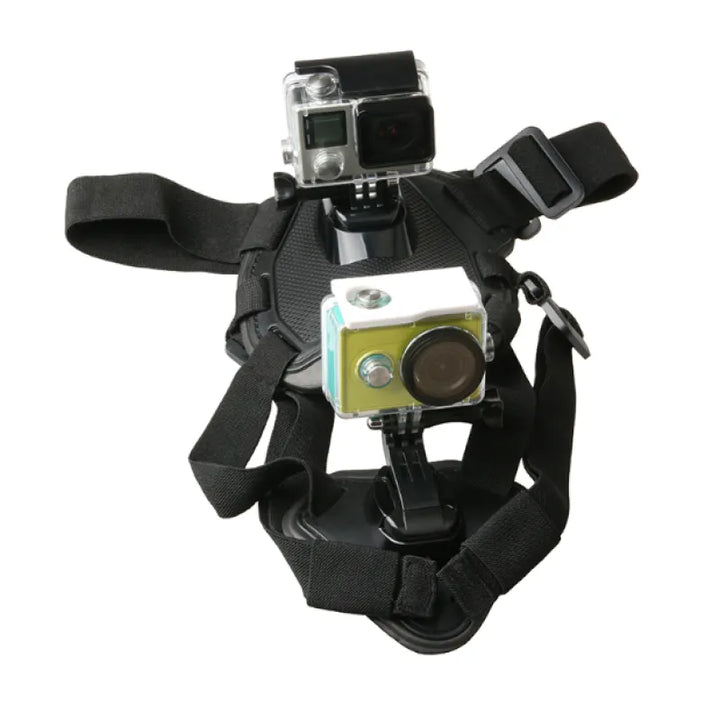 Adjustable pet camera harness, compatible with most action cameras, for dog's perspective videos