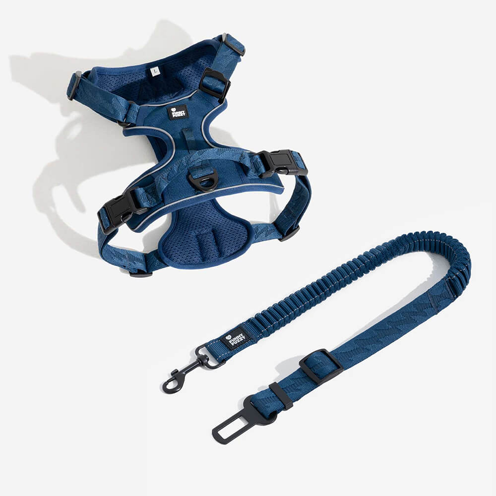 Comfort-fit dog harness & reflective car seat belt for vehicle safety