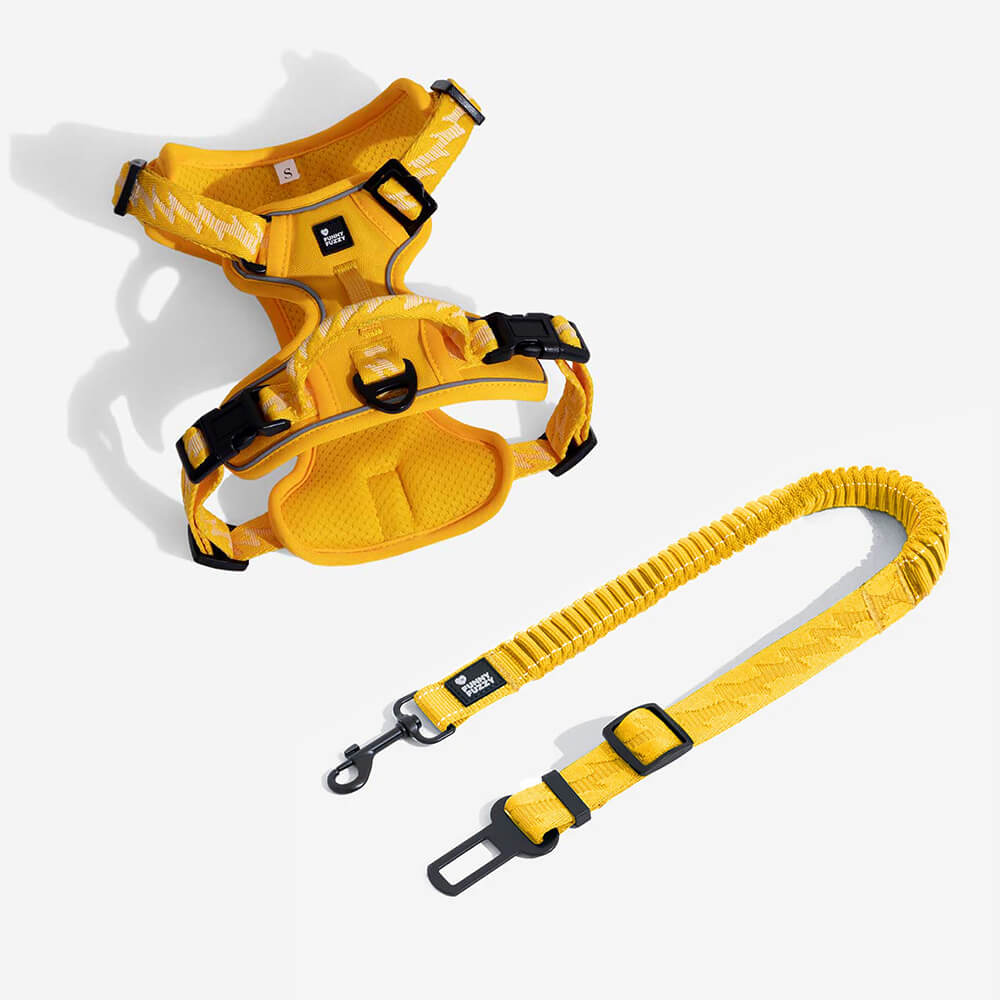 Durable reflective dog harness & car seat belt for pet vehicle restraint