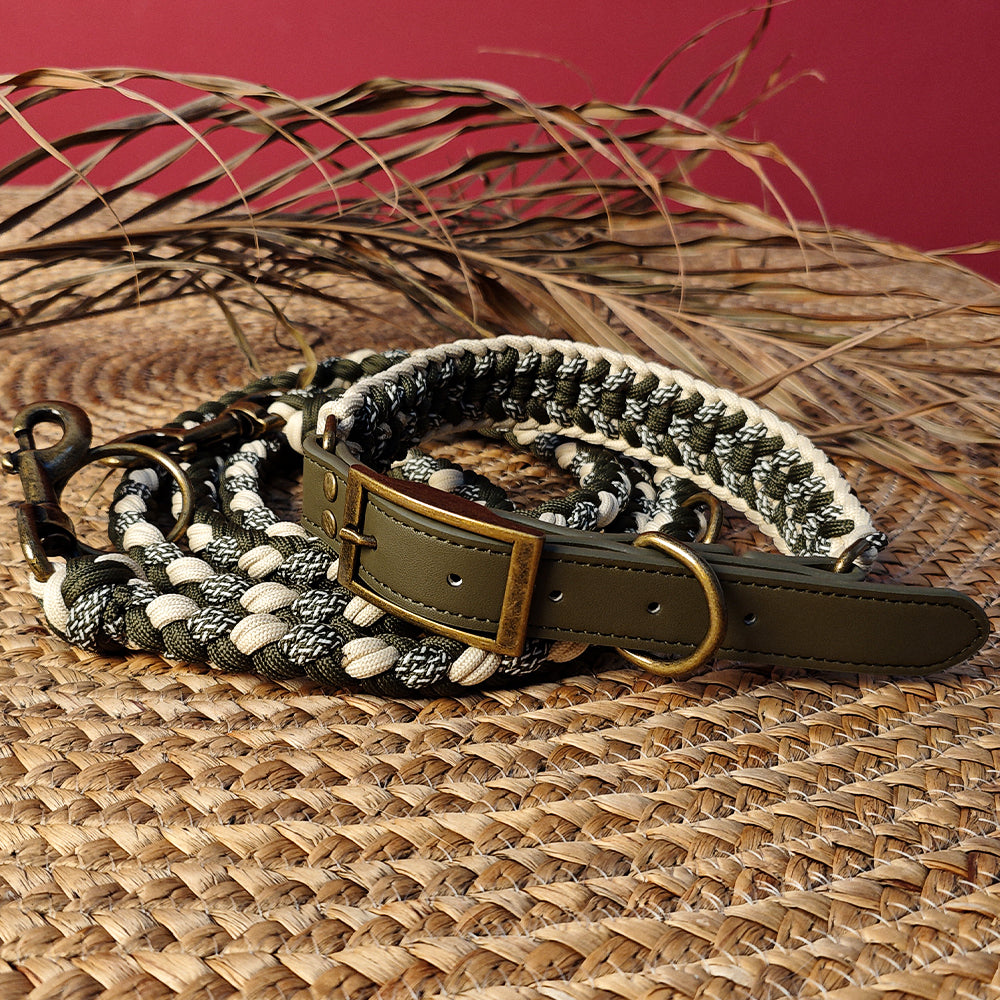 Dog anti-pull collar and leash set, hand-woven hemp rope with faux leather details, pet accessory for effective training